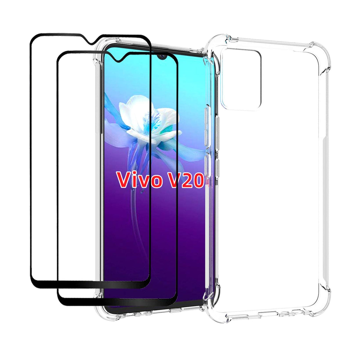 جراب AWH لهاتف Vivo V20 مع زجاج مقوى (قطعتين) نحيف ممتص للصدمات مصنوع من مادة TPU ذات حافة ناعمة مع زوايا معززة وغطاء واقٍ شفاف.