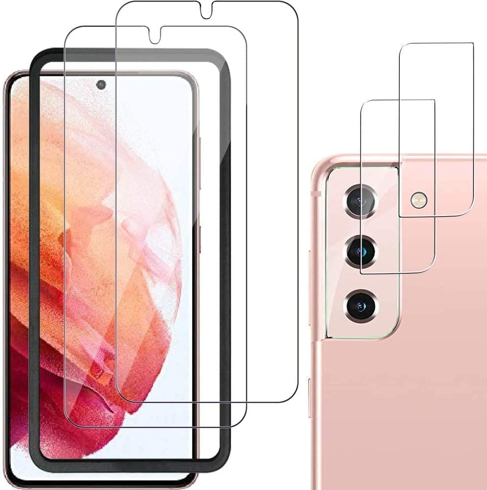 AWH (2+2 Pack) 2 Pack High Definition Tempered Glass Screen Protector (with Auto Alignment Frame) + 2 Pack Camera Lens Protector Guard Designed for Samsung Galaxy (S21 Plus)