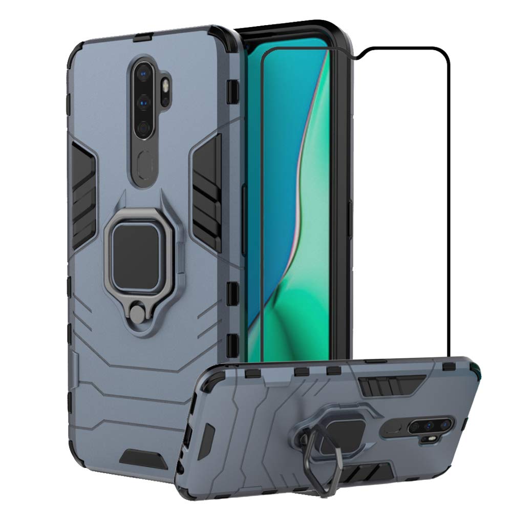2ndSpring Case for OPPO A9 2020/A11X/A5 2020 with Tempered Glass Screen Protector,Hybrid Heavy Duty Protection Shockproof Defender Kickstand Armor Cover,Blue
