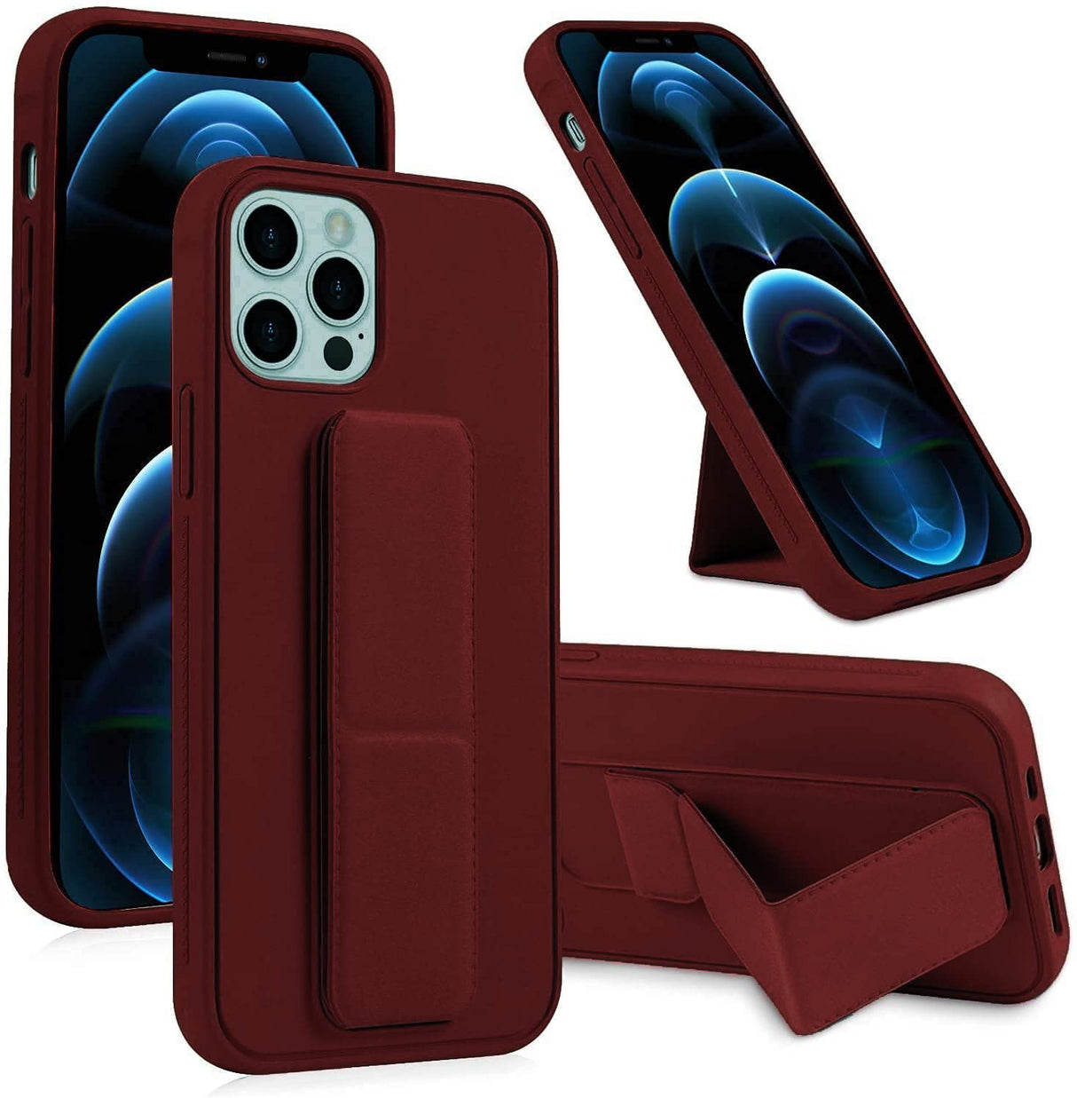 YU WELL iPhone 13 pro max 6.7" Case with Magnetic Stand & Holder, Premium Silicone Vertical & Horizontal Hand Strap and Grip and Multi Stand, Car Mount Kickstand Case Finger Strap Cover (Brown)