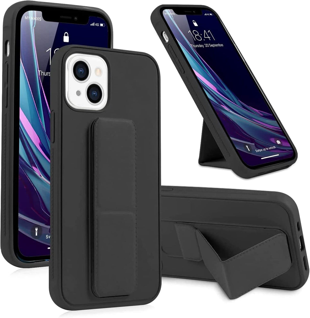 AWH iPhone 14 Plus Case, Black, Stand Case, Wrist Strap Case, Magnetic, Foldable Kickstand, Rubber, Compatible with iPhone 14 Plus