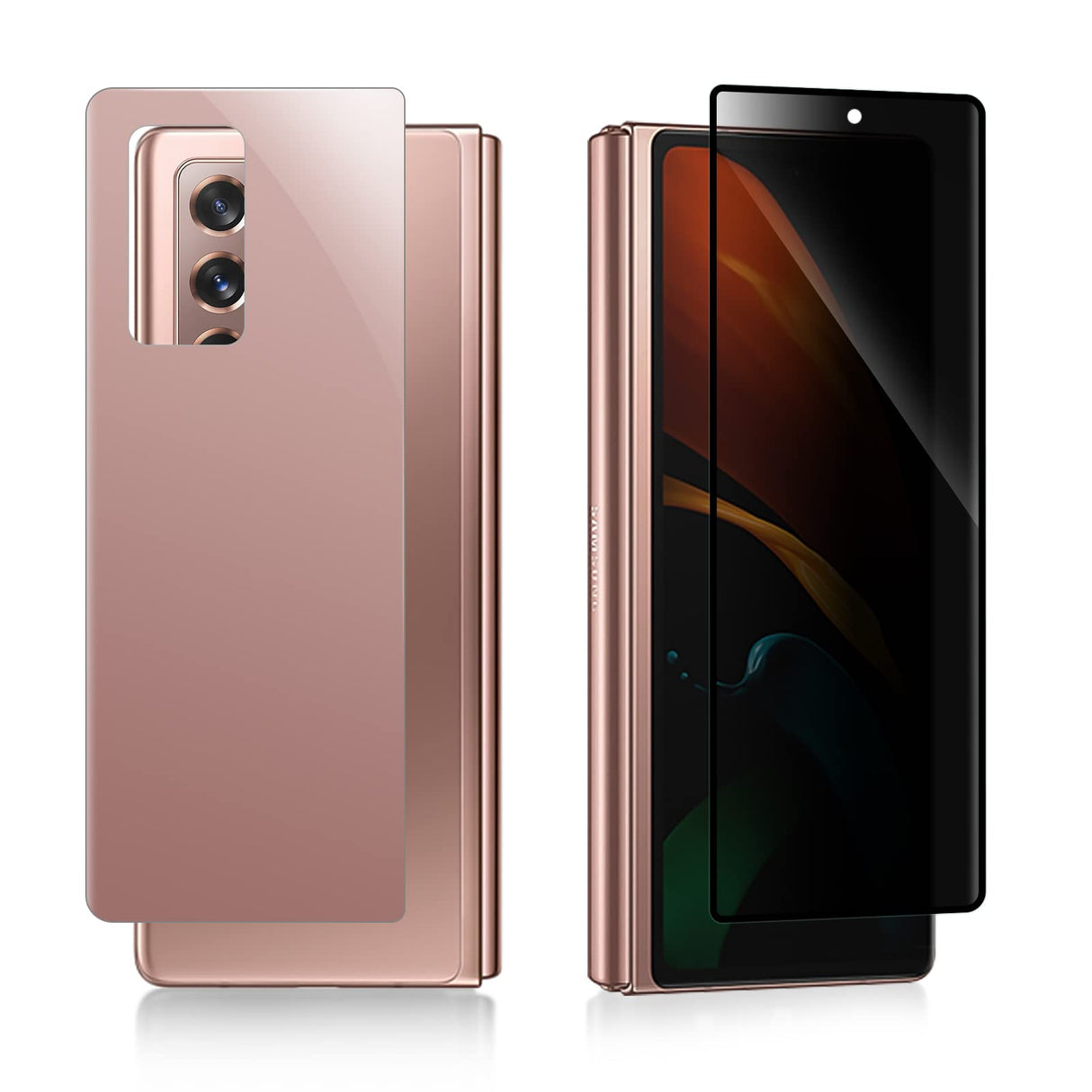 (مجموعة واحدة من قطعتين) واقي شاشة مضاد للتوهج ومضاد للخصوصية من Wolsiamc مصمم لهاتف Samsung Galaxy Z Fold 2 5G، قطعة واحدة أمامية + قطعة واحدة خلفية مغطاة بالكامل من الزجاج المقوى (ذهبي وردي)