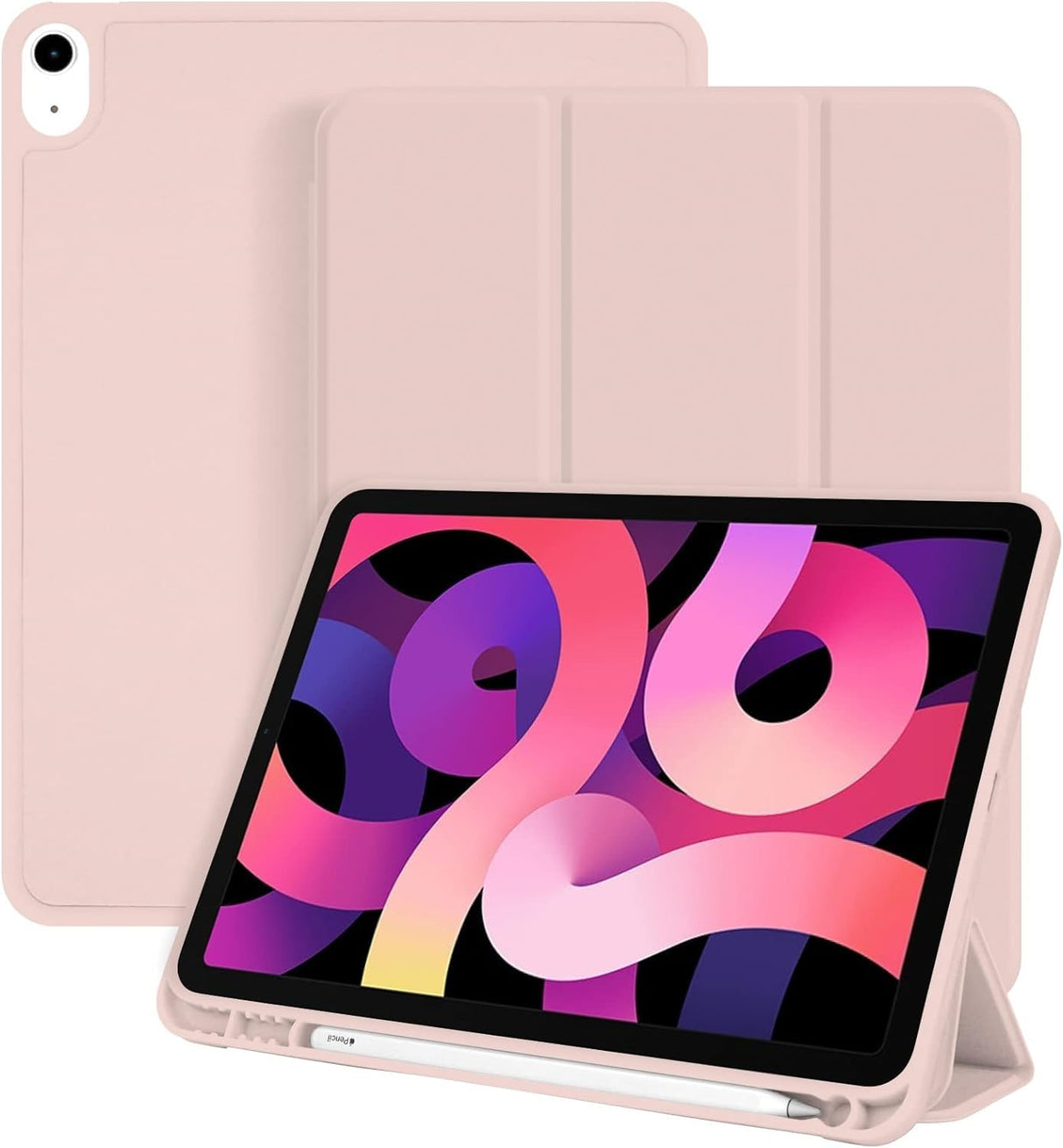 AWH iPad Air 5/4 Case - iPad Air 5th/4th Generation Case for 10.9 Inch 2022/2020 Model - Auto Wake/Sleep Cover, Protective Cover with Pencil Holder, Slim Soft TPU Back Smart Trifold Stand - PINK