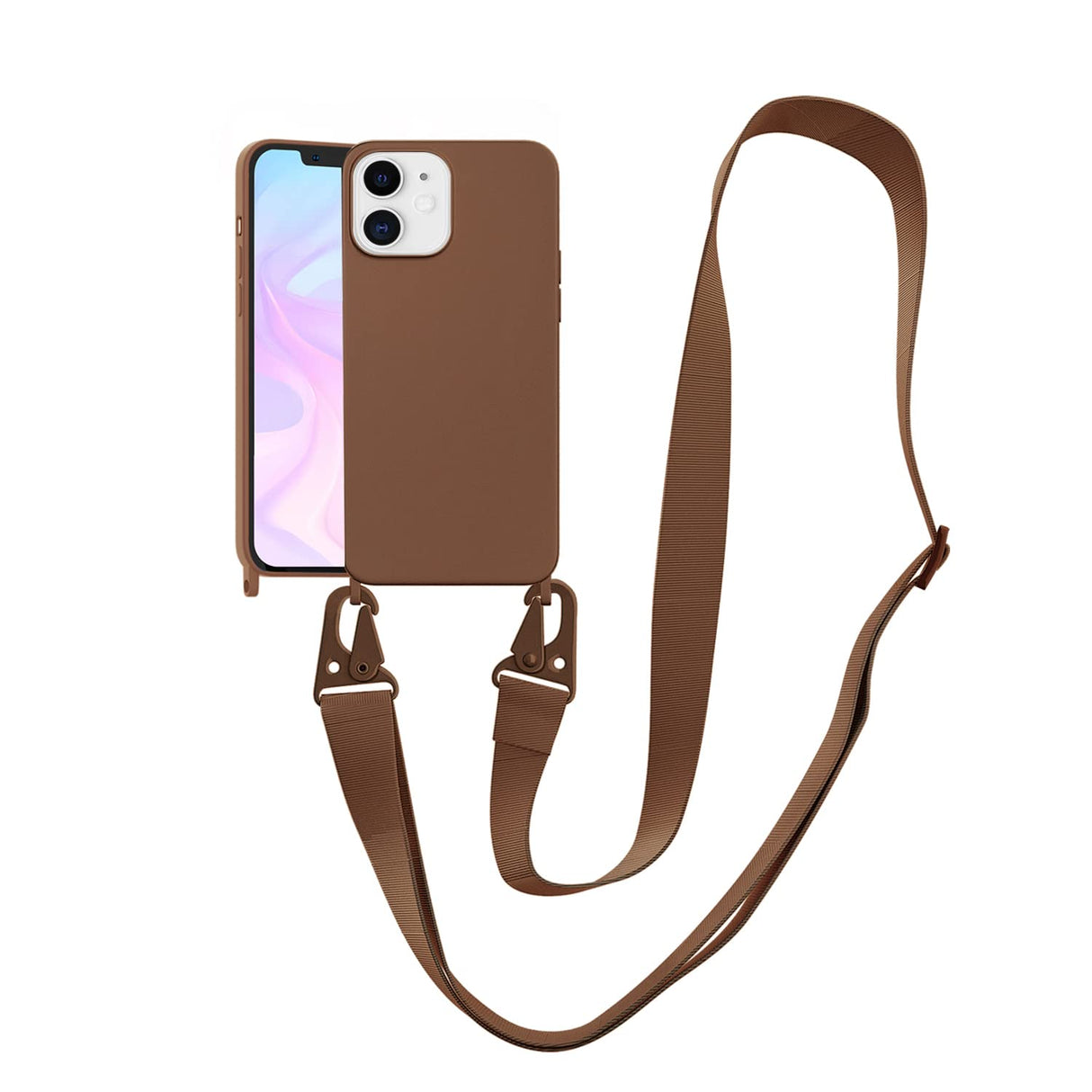 جراب VooDirop متوافق مع iPhone 15 مع جراب iPhone Crossbody مع حزام قابل للتعديل ومضاد للصدمات والسقوط من السيليكون لهاتف iPhone 15 مقاس 6.1 بوصة بني