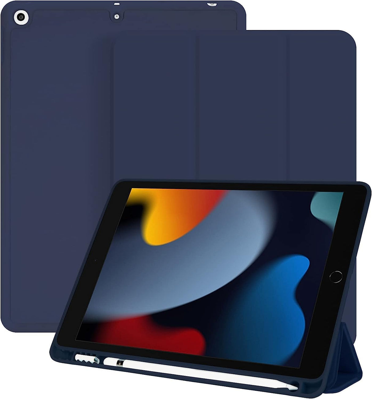 جراب AWH لجهاز iPad 10.2 - جراب iPad من الجيل التاسع/الثامن/السابع - غطاء إيقاظ وسكون تلقائي - غطاء واقٍ مع حامل قلم رصاص، مزود بظهر ناعم رفيع من مادة TPU مع حامل ثلاثي الطي ذكي - أزرق داكن