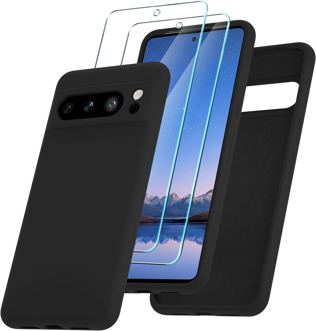 AWH Google Pixel 8 Pro Case - Silicone Phone Case with 2 Screen Protector - Soft Anti-Scratch Microfiber Lining - Full Body Shockproof Slim Cover Support Wireless Charging (Black)