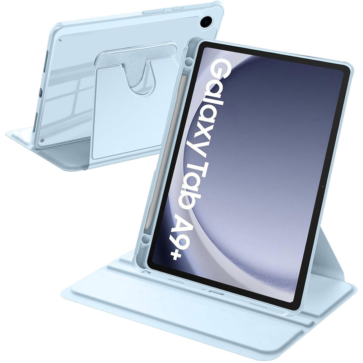 جراب دوار من A-BEAUTY متوافق مع جهاز Samsung Galaxy Tab A9 Plus مقاس 11 بوصة 2023 (SM-X210/X216/X218) مع حامل قلم S، غطاء مقاوم للصدمات بظهر شفاف، خاصية الإيقاظ/السكون التلقائي، أزرق سماوي