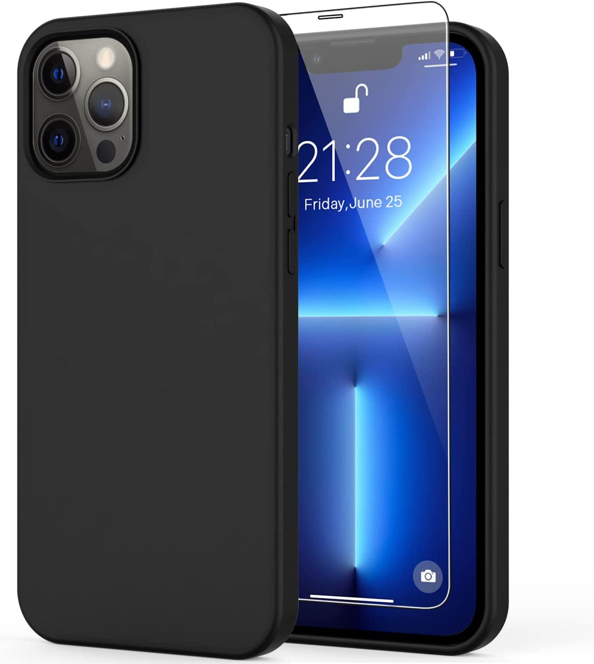 جراب AWH لهاتف iPhone 13 Pro Max مع واقي شاشة، جراب مطاطي ناعم من جل السيليكون السائل، غطاء ممتص للصدمات، جراب هاتف واقٍ مقاوم للصدمات لهاتف iPhone 13 Pro Max 6.7 بوصة (أسود)