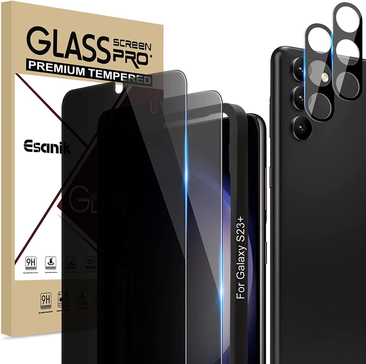 واقي شاشة AWH 2+2 عبوة من واقي شاشة الخصوصية لهاتف Samsung Galaxy S23 Plus مقاس 6.6 بوصة مضاد للتجسس مصنوع من مادة PET مع إطار سهل التركيب + واقي عدسة الكاميرا متوافق مع معرف بصمة الإصبع (S23 Plus)