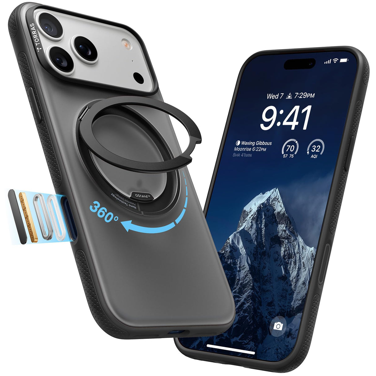 حامل TORRAS 360 قابل للدوران لهاتف iPhone 17 Pro Max، متوافق مع Magsafe، حماية من الدرجة العسكرية، قبضة مريحة رفيعة، تحكم في الكاميرا، حامل O3 Fitness 6.9 بوصة، أسود