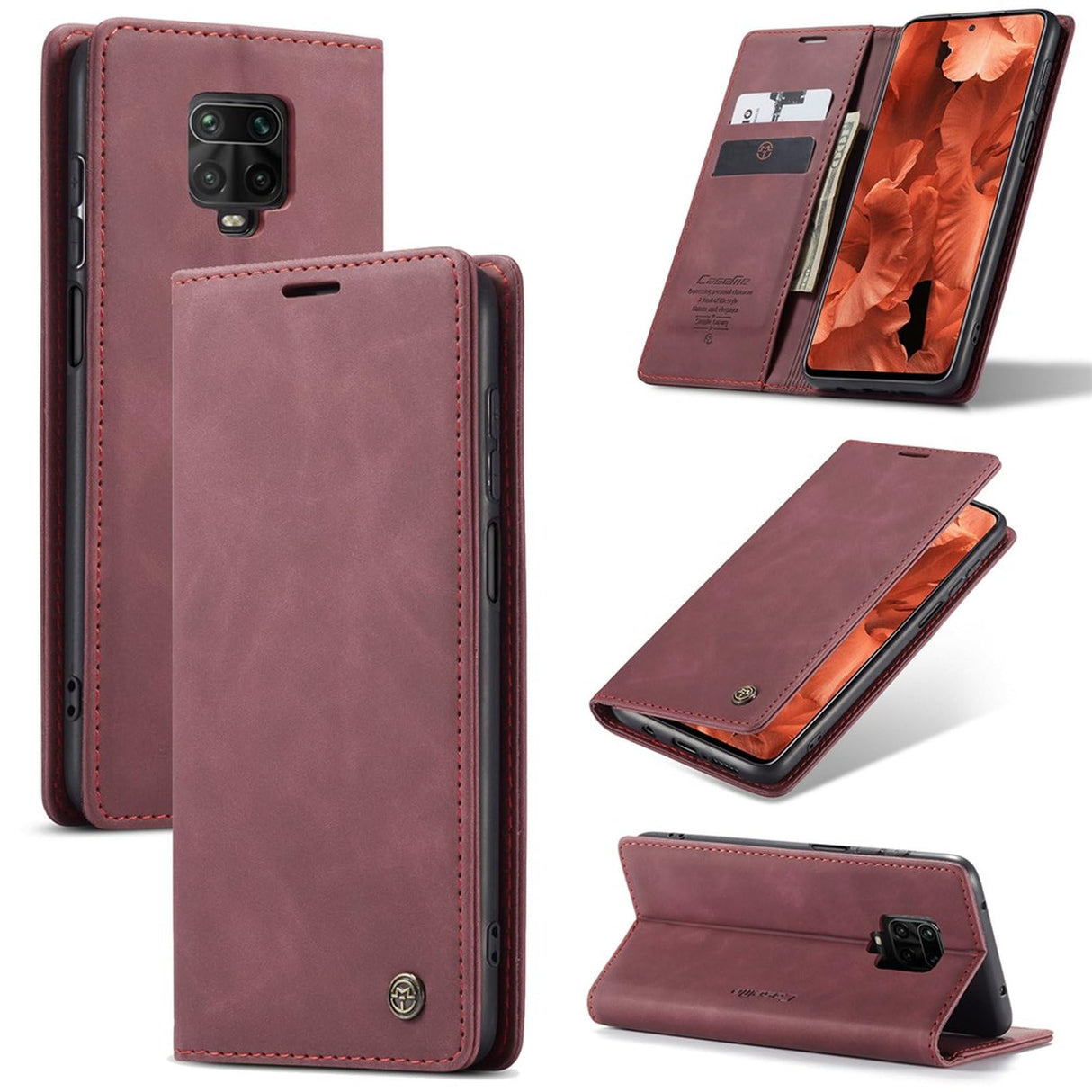 جراب محفظة جلدي من UniqCase ممتص تلقائيًا لهاتف Xiaomi Redmi Note 9 Pro/Note 9 Pro Max/Note 9S - أحمر