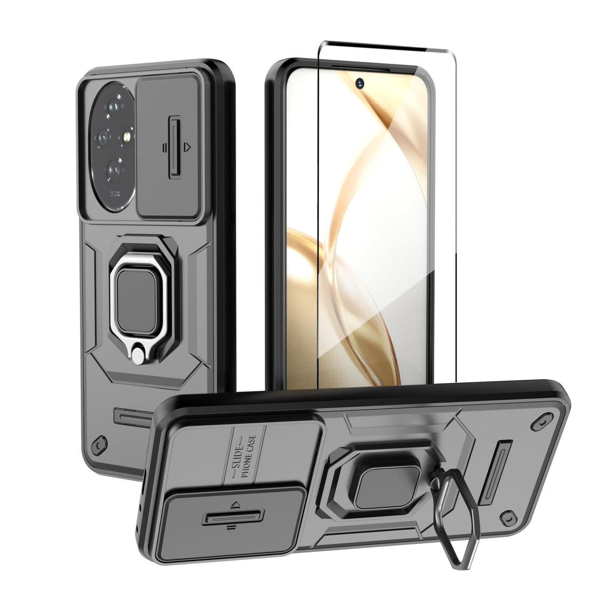 غطاء حماية WRTBS لهاتف Honor 200 5G مع واقي شاشة زجاجي، غطاء حماية مزدوج الطبقات عالي التحمل مقاوم للصدمات بدرجة عسكرية مع حامل حلقي مغناطيسي - أسود-B