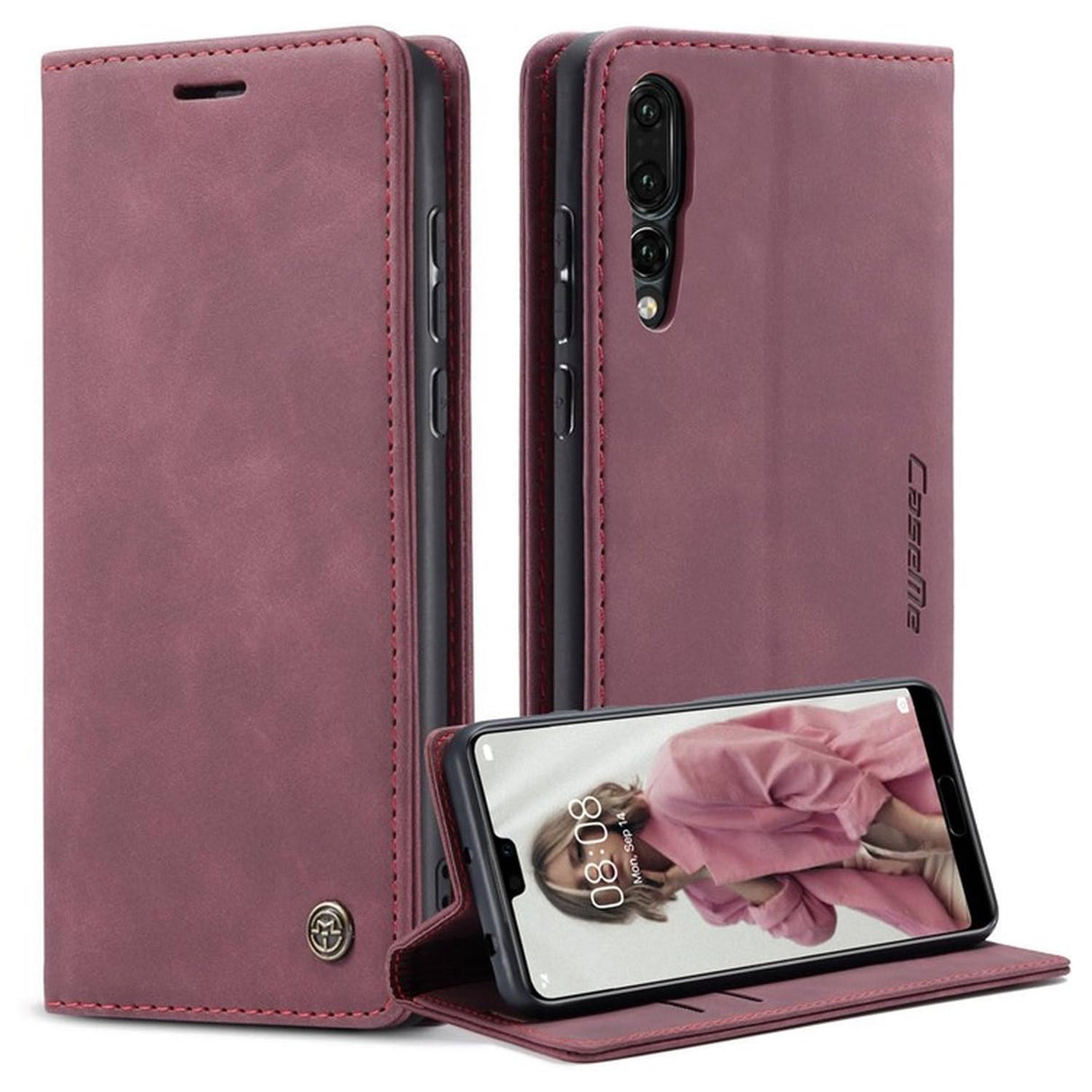 UniqCase لهاتف Huawei P20 Pro غطاء هاتف مضاد للخدش مغناطيسي يمتص تلقائيًا من جلد البولي يوريثان محفظة قابلة للطي حافظة هاتف ذكي - أحمر