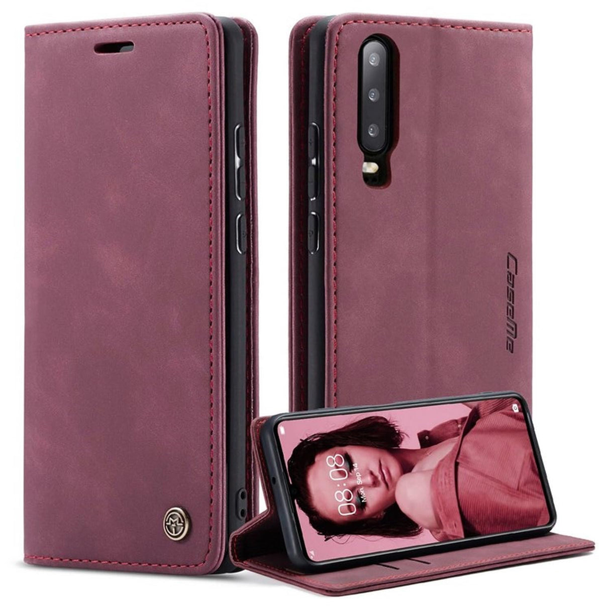 UniqCase لهاتف Huawei P30 غطاء محفظة من الجلد الصناعي المقاوم للصدمات ومضاد للخدش - أحمر