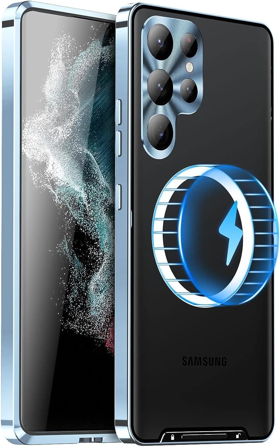 جراب معدني AWH لهاتف Samsung S23 Plus 5G - متوافق مع شاحن Ma-g-Safe اللاسلكي - ظهر شفاف غير لامع مع حماية عدسة الكاميرا، غطاء مغناطيسي لهاتف Galaxy S23 Plus (أزرق)