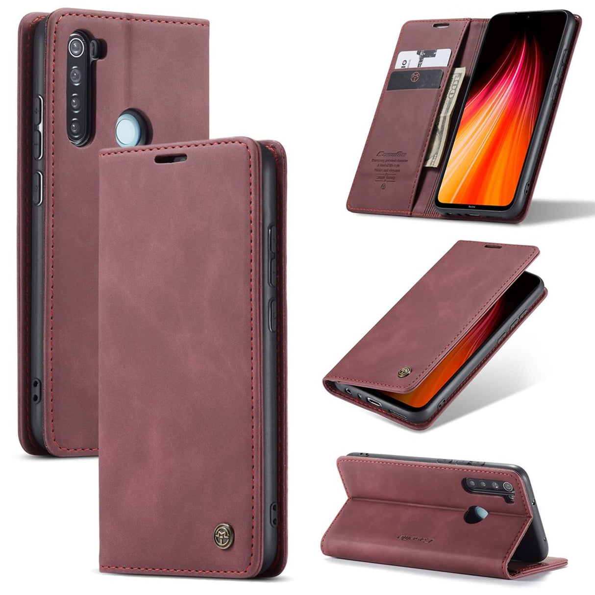 جراب هاتف محمول من الجلد من UniqCase مزود بمحفظة قابلة للامتصاص التلقائي لهاتف Xiaomi Redmi Note 8 - أحمر