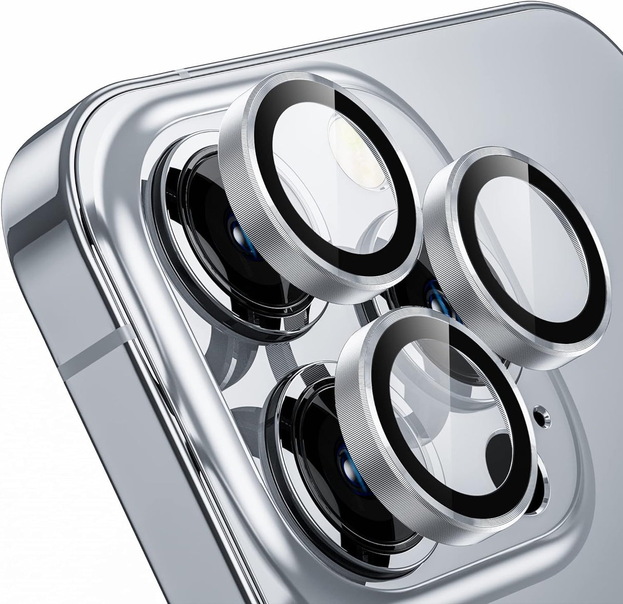 واقي عدسة كاميرا AWH لهاتف iPhone 15 Pro/iPhone 15 Pro Max، واقي شاشة كاميرا من الزجاج المقوى 9H مقاوم للكسر مع حلقة معدنية وإكسسوارات فيلم (فضي، 15 Pro Max)