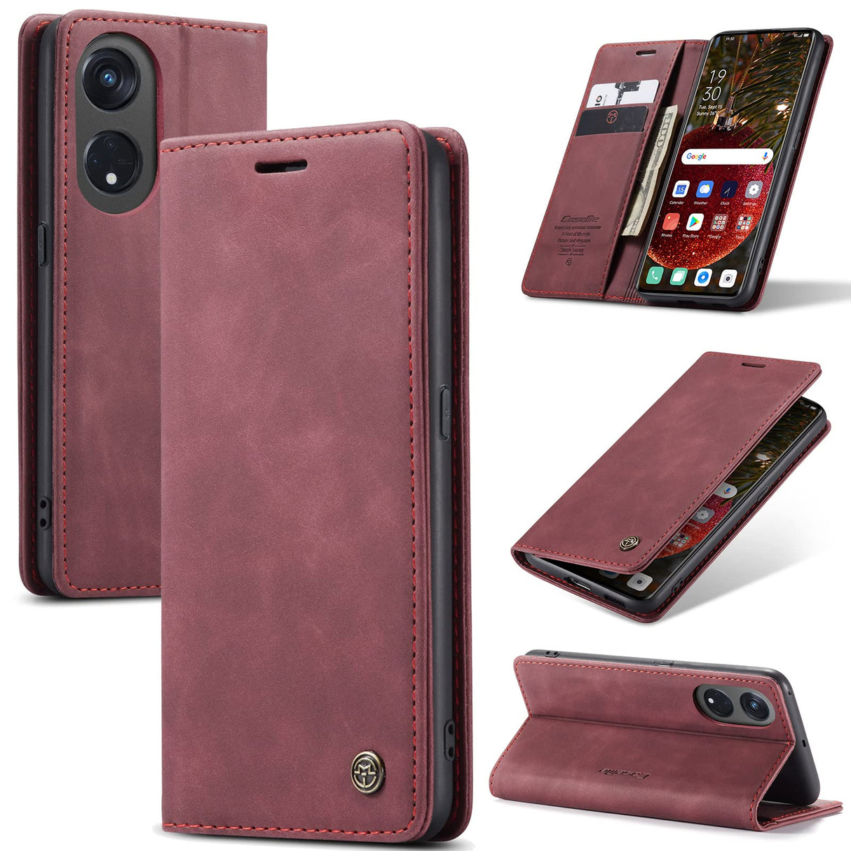 UniqCase لهاتف Oppo A1 Pro 5G / Oppo Reno8 T 5G جراب واقٍ للبطاقات وغطاء جلدي للهاتف - أحمر