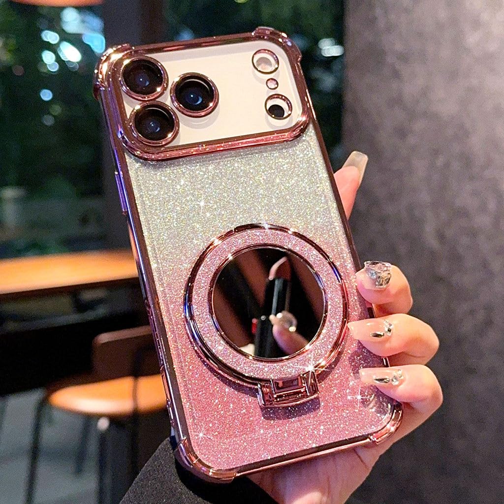 Magnetic Glitter Case for iPhone 17 Air,Bling Camera Lens Protector,Sparkly Stand,Makeup Mirror,Support Wireless Charging, Luxury Gradient Shockproof iPhone 17 Air Cover,Pink