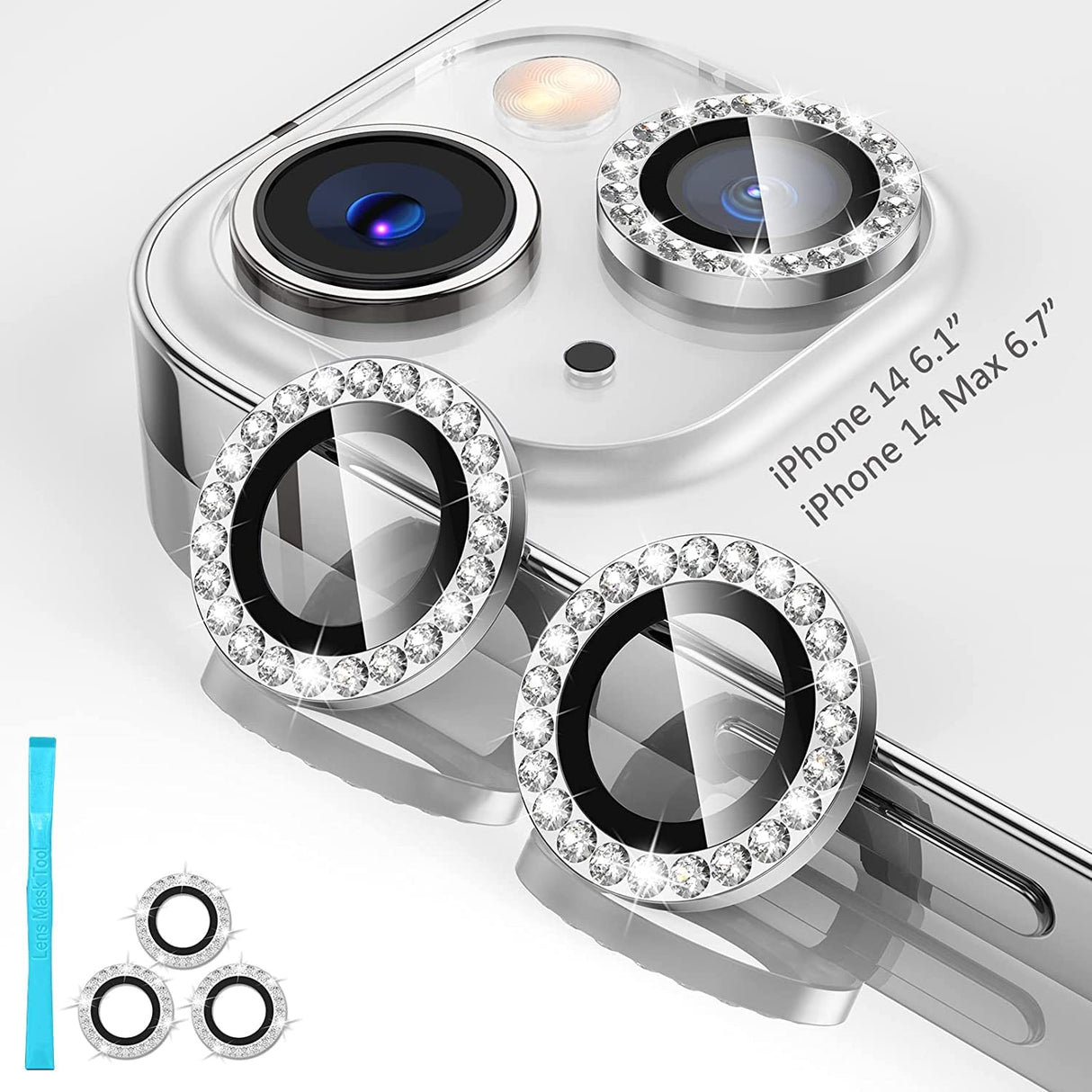 AWH for iPhone 14/14 Max Camera Lens Protector, 9H Tempered Glass Camera Cover Screen Protector Metal Individual Ring for iPhone 14 6.1 inch/iPhone 14Plus 6.7 inch 2022 (Glitter Silver)