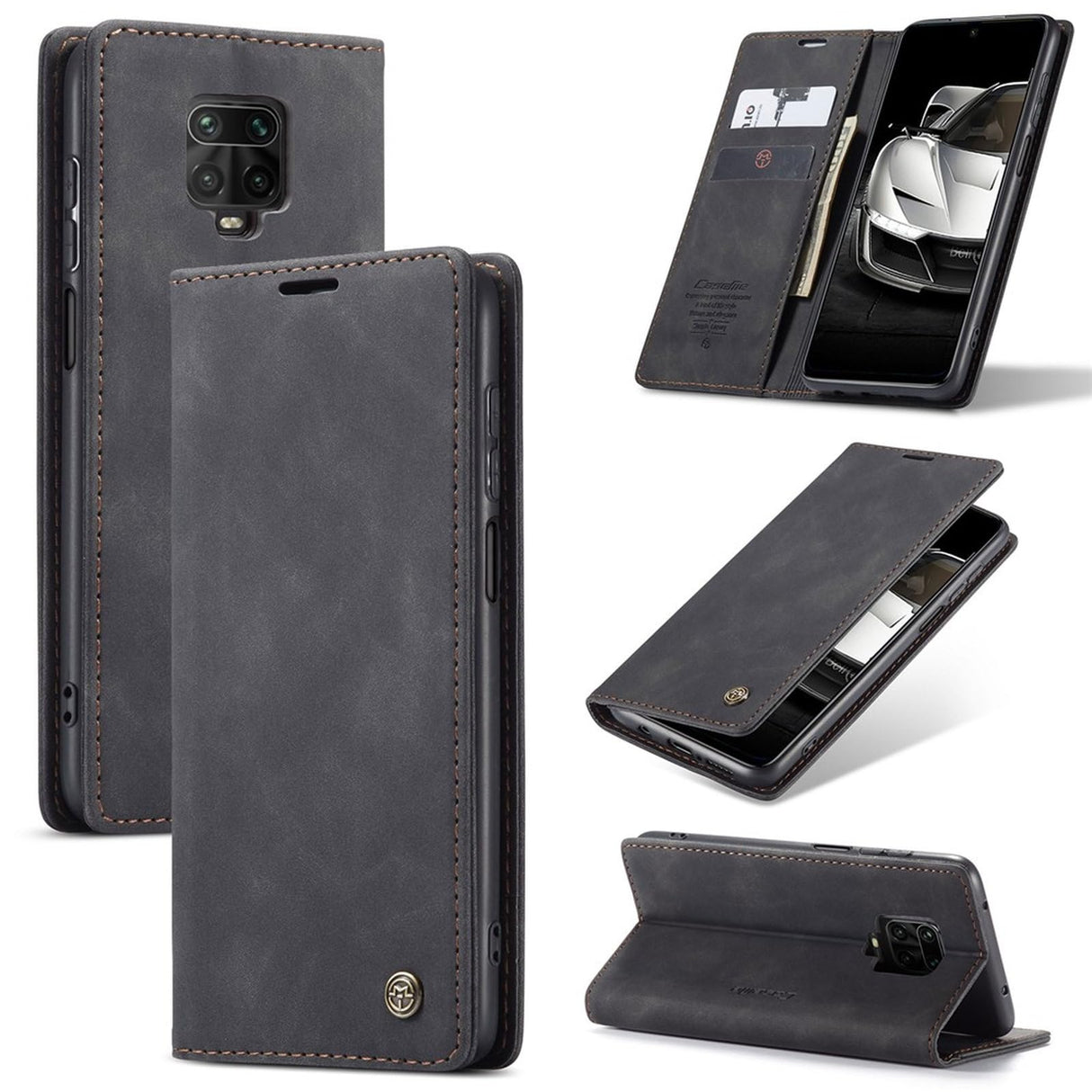 جراب محفظة جلدي من UniqCase ممتص تلقائيًا لهاتف Xiaomi Redmi Note 9 Pro/Note 9 Pro Max/Note 9S - أسود