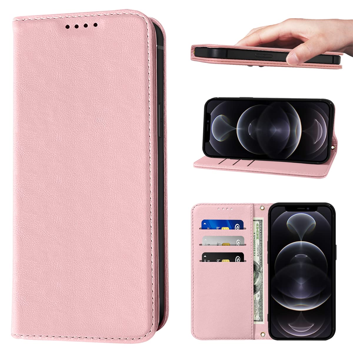 LANJLM Wallet Case for iPhone 12 / iPhone 12 Pro Phone Cases Premium Leather PU Flip Cover Magnetic Shockproof Closure Book Design with Kickstand Feature & Card Slots iPhone 12(6.1") Case - Pink