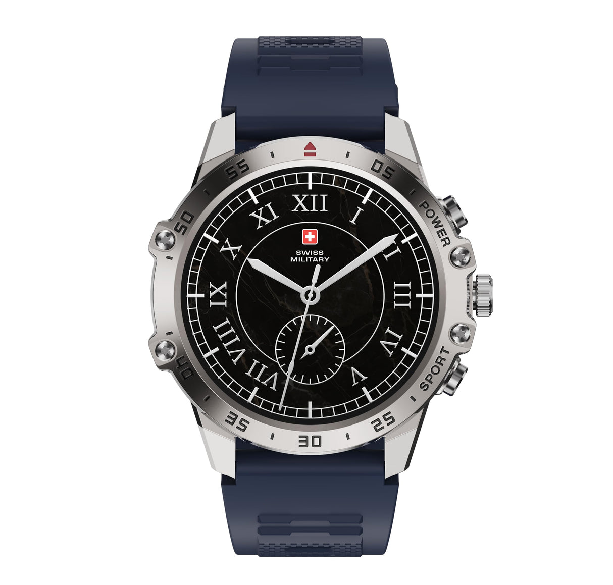 ساعة سويس ميليتري الذكية DOM5، شاشة AMOLED مقاس 1.43 بوصة، تدعم مكالمات بلوتوث، متعددة اللغات، تتبع الصحة والرياضة، شحن لاسلكي، بطارية تدوم 7 أيام، مقاومة للماء IP68، متوافقة مع نظامي iOS/Android، إطار فضي مع حزام أزرق