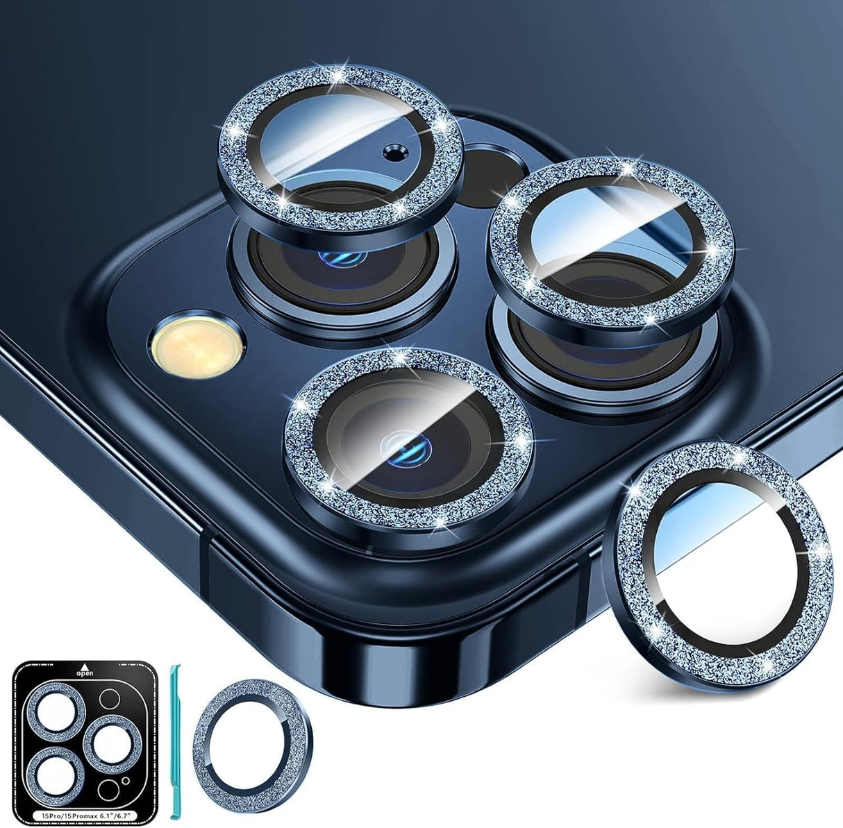 واقي عدسة كاميرا AWH 3+1 لهاتف iPhone 15 Pro/Pro Max - زجاج مقوى 9H، فائق الدقة، غطاء واقي شاشة كاميرا فردي معدني لهاتف iPhone 15 Pro/Pro Max (أزرق لامع)