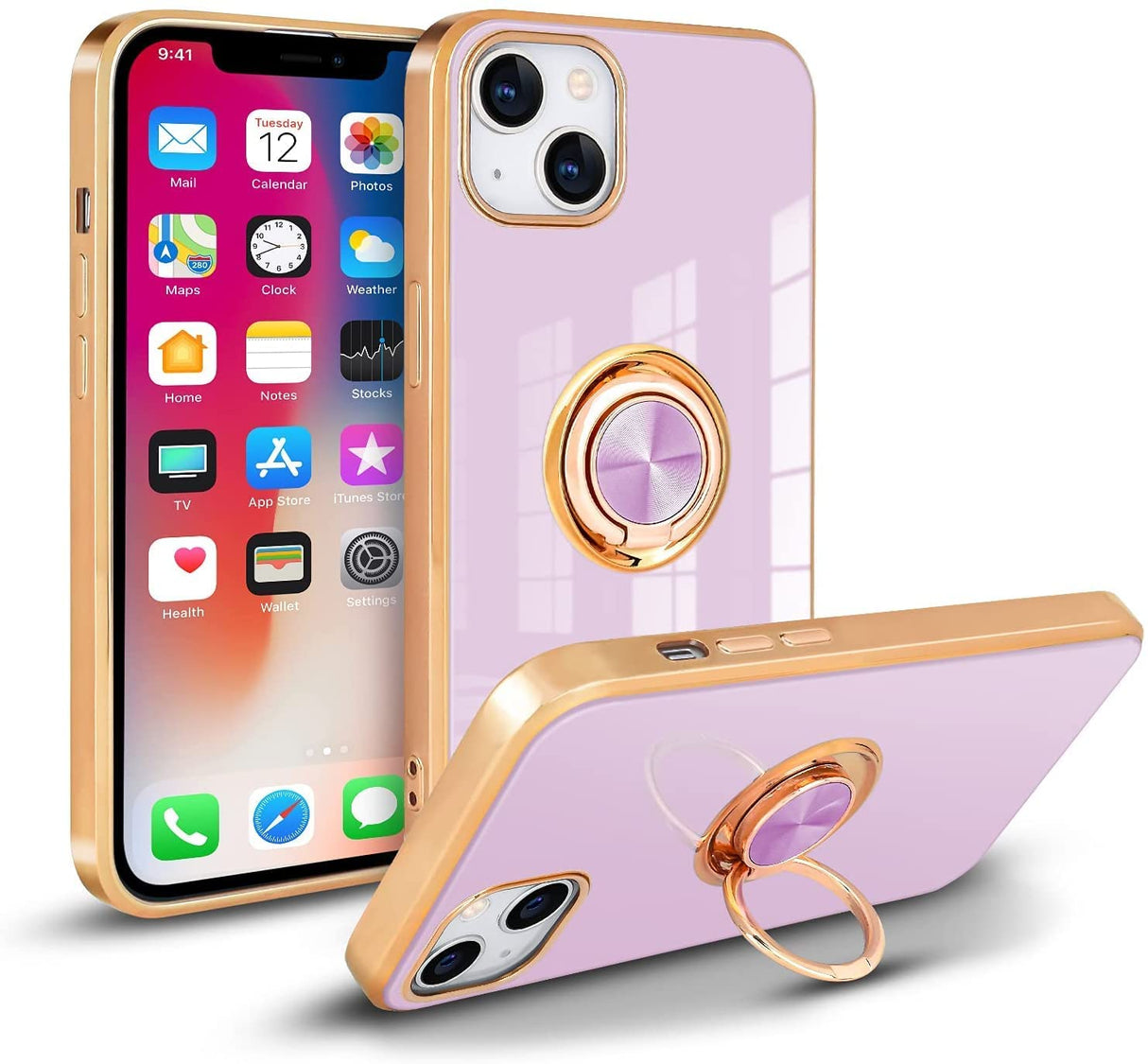 جراب AWH لهاتف iPhone 13 6.1 فاخر من السيليكون TPU مع حامل حلقي وحامل رفيع مطلي بالهاتف مصمم لهاتف iPhone 13 6.1، (أرجواني)