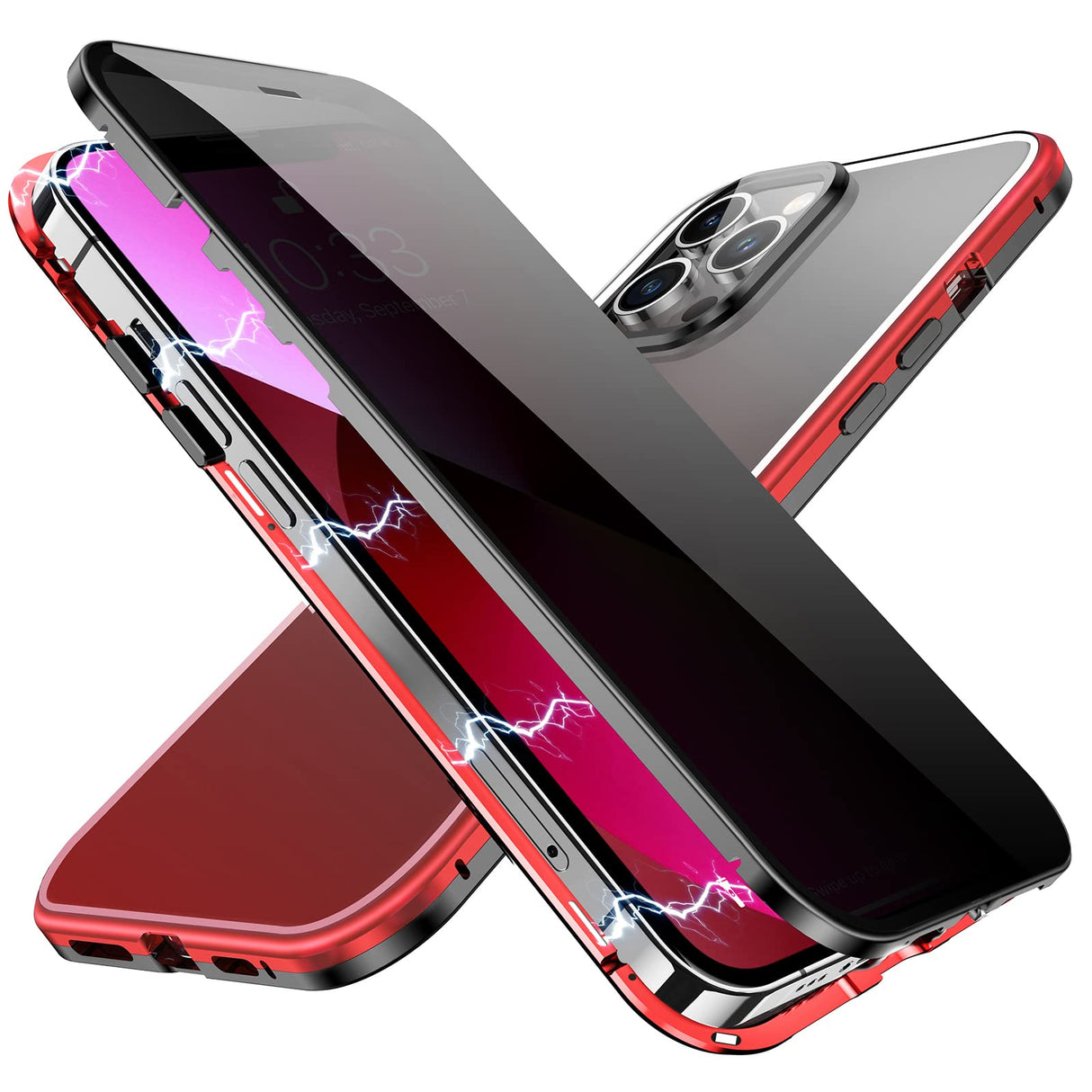 جراب YUNQE المغناطيسي للخصوصية لهاتف iPhone 13 Pro Max، غطاء امتصاص مغناطيسي مزدوج الجوانب مع واقي شاشة مضاد للاختراق وعدسة كاميرا واقٍ كامل الجسم لهاتف iPhone 13 Pro Max، أحمر وأسود