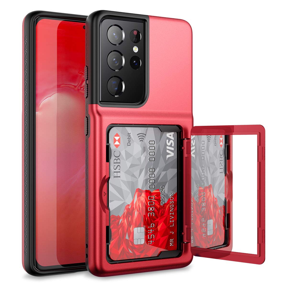 جراب محفظة WeLoveCase لهاتف Samsung Galaxy S21 Ultra مع حامل بطاقة ائتمان ومرآة مخفية، غطاء هاتف متين ومضاد للصدمات لهاتف Samsung Galaxy S21 Ultra 5G، 6.8 بوصة أحمر