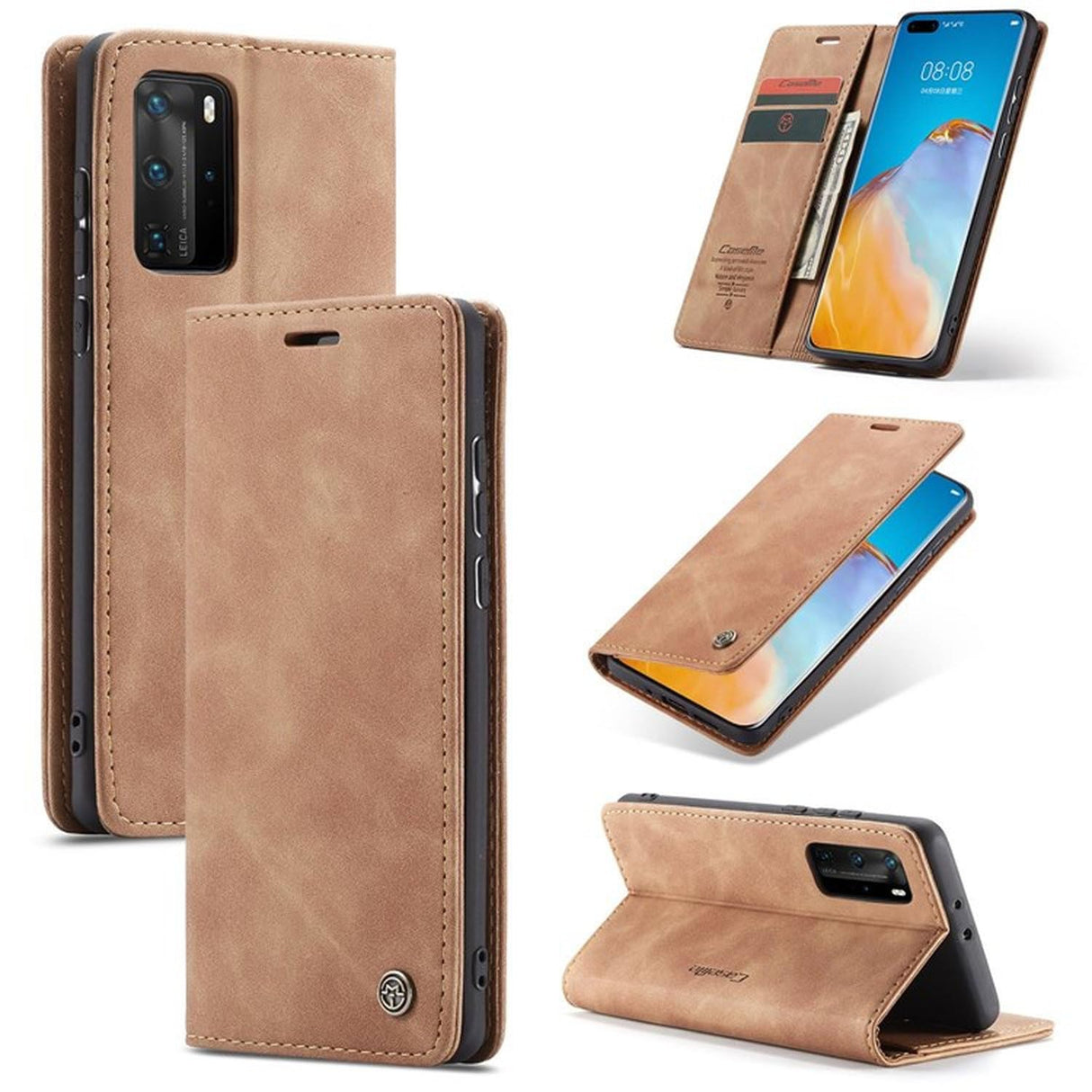 UniqCase لهاتف Huawei P40 Pro غطاء محفظة من جلد البولي يوريثان قابل للطي - بني