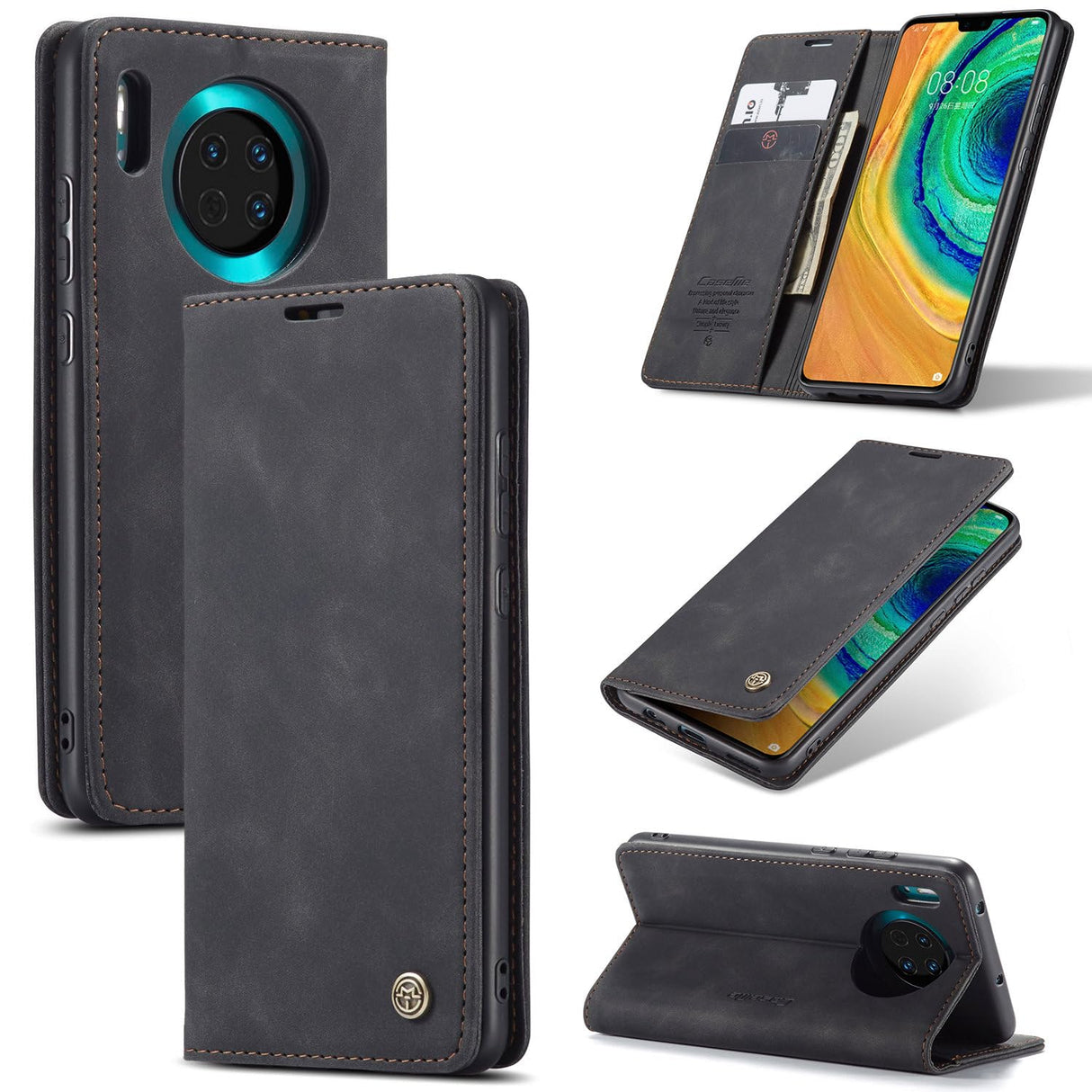 UniqCase لهاتف Huawei Mate 30 4G / Huawei Mate 30 5G جراب حامل للبطاقات وغطاء جلدي للهاتف - أسود