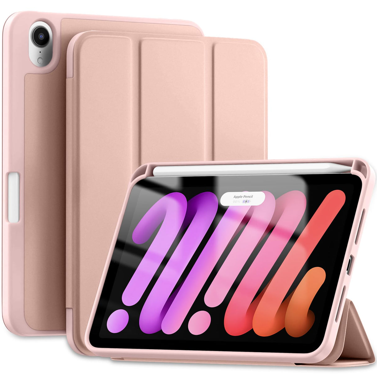 جراب Wenlaty لجهاز iPad Mini 7 2024 (A17 Pro)، جراب لجهاز iPad Mini 7/6 من الجيل 8.3 بوصة 2024/2021 مع حامل قلم رصاص، غطاء رفيع قابل للطي مع ظهر ناعم من مادة TPU، غطاء للنوم/التنشيط التلقائي، وردي وردي