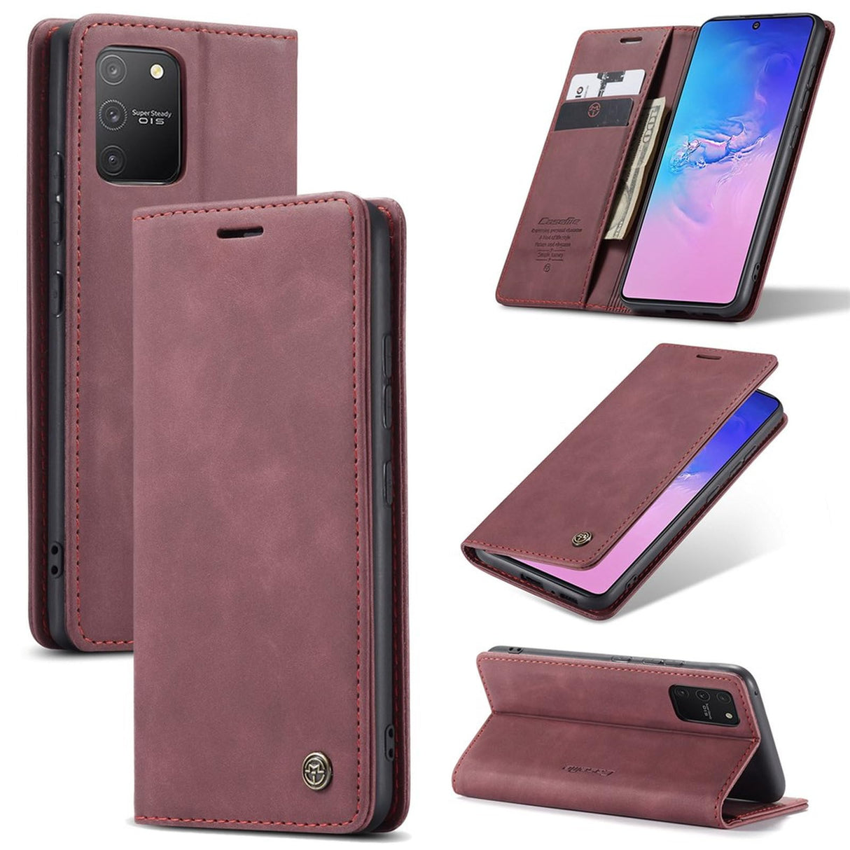 جراب هاتف محمول من الجلد القابل للطي من UniqCase لهاتف Samsung Galaxy A91/S10 Lite - أحمر