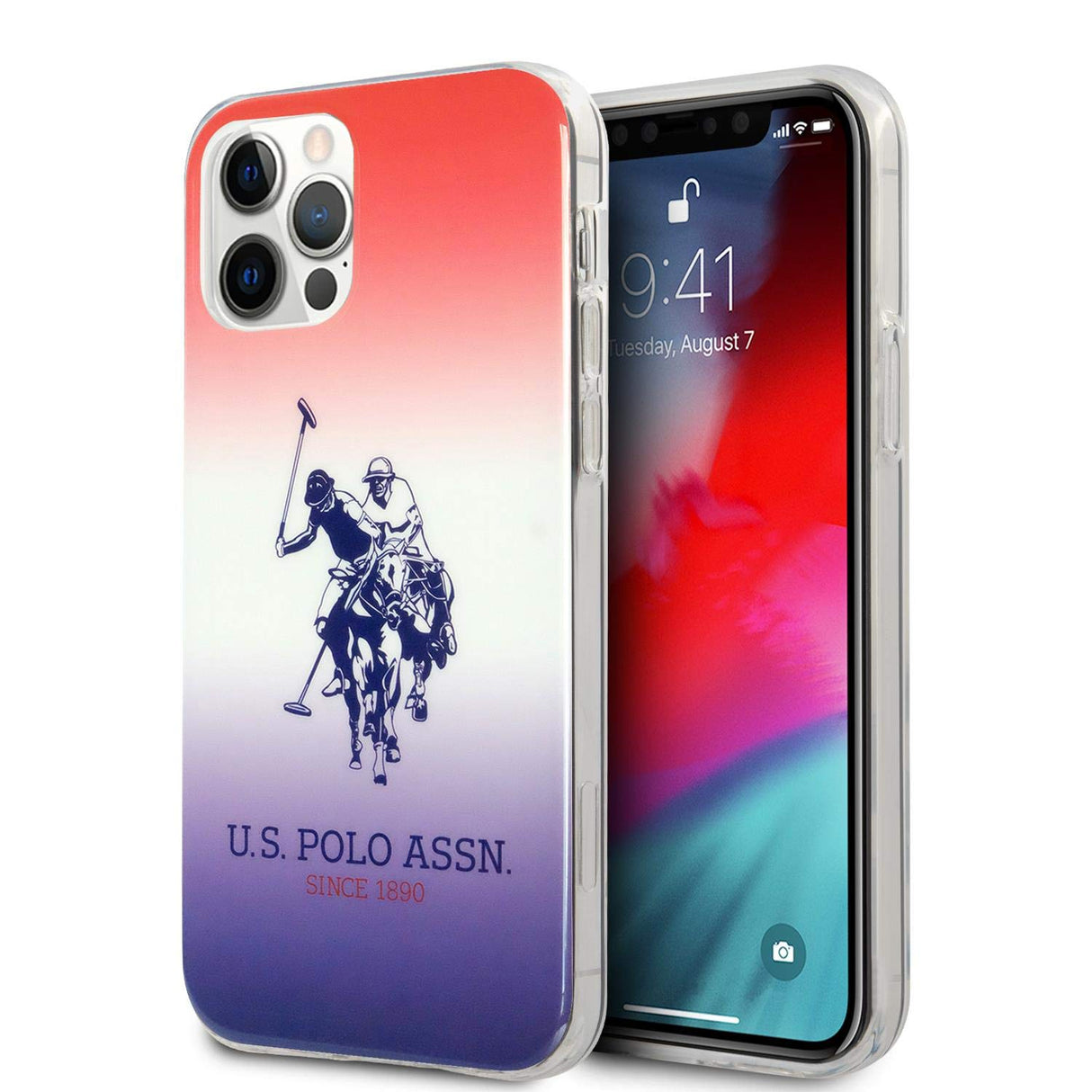 جراب صلب من CG Mobile US Polo Assn. مصنوع من البولي كربونات/البولي يوريثان الحراري، مزين بشعار DH لهاتف iPhone 12/12 Pro (6.1 بوصة)، مقاوم للصدمات والسقوط، مناسب للشواحن اللاسلكية، مرخص رسميًا - أحمر متدرج