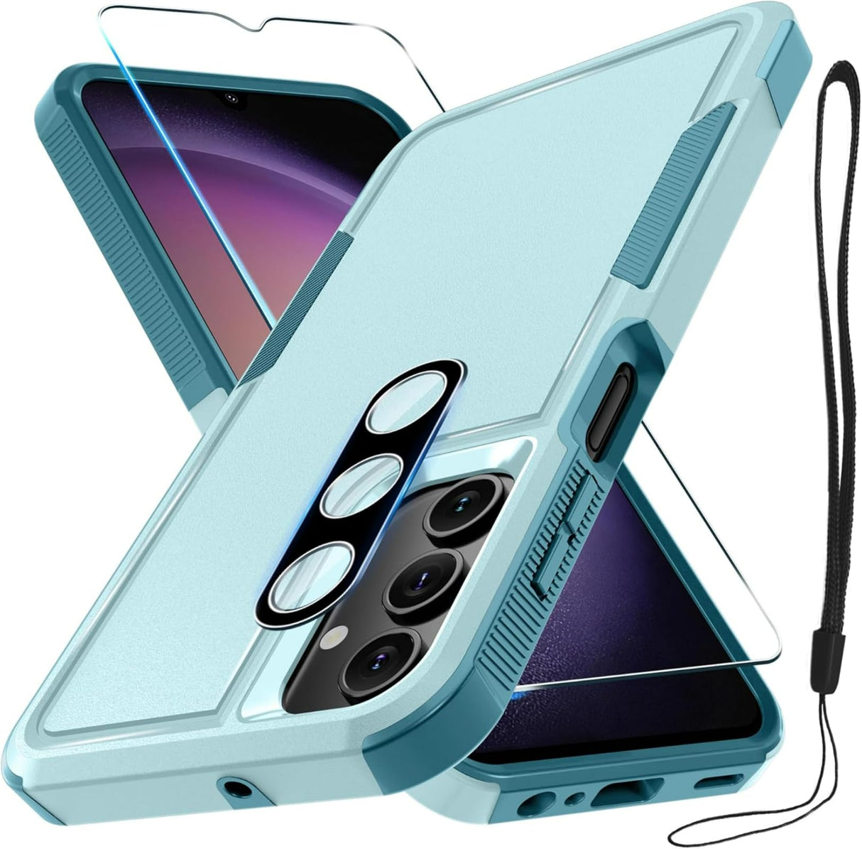 YelaJoy Samsung Galaxy A16 5G, Full-Body Heavy-Duty Shockproof Protective Phone Case, With Lanyard Strap, Tempered Glass Screen Protector and Camera Lens Cover(1pcs, Blue-green)