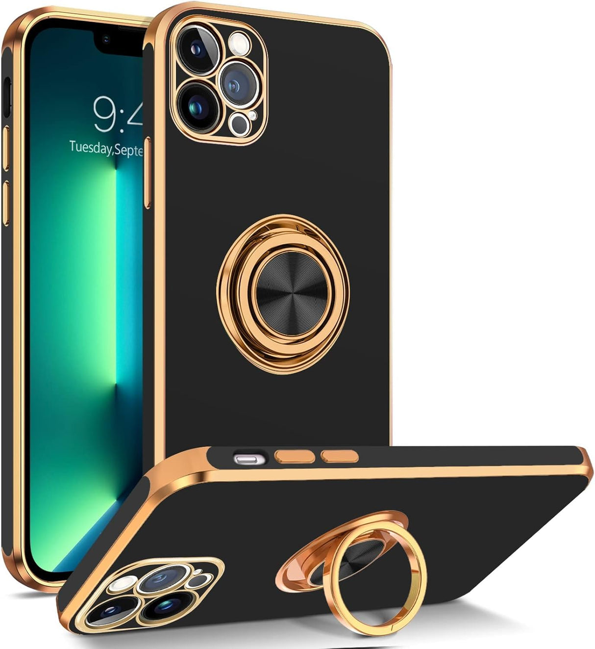 جراب AWH لهاتف iPhone 13 Pro، جراب هاتف iPhone 13 Pro، جراب رفيع دوار 360 درجة مع حامل مغناطيسي للسيارة، واقي غير قابل للانزلاق للفتيات والأولاد والنساء والرجال لهاتف iPhone 13 Pro (أسود)