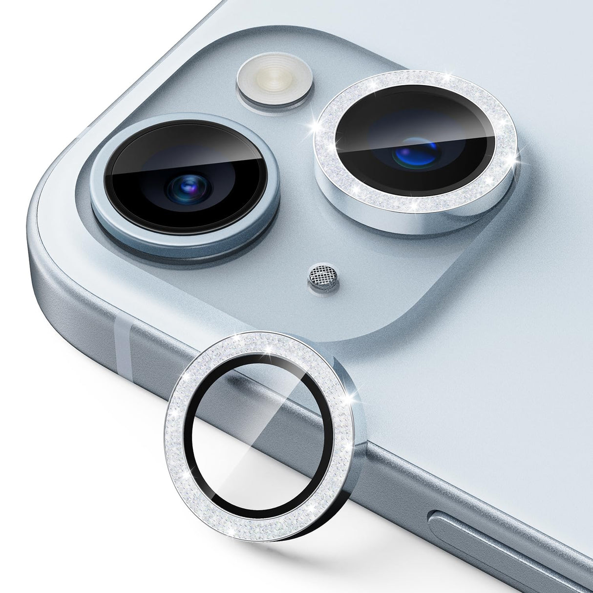 واقي عدسة كاميرا UARMOR من Upcommon لهاتف iPhone 15 و15 Plus مصنوع من زجاج مقوى 9H وحلقة ألومنيوم رفيعة، شفاف للغاية، مجموعة تركيب سهلة، متوافق مع الجراب، مضاد للخدش والكسر - فضي لامع