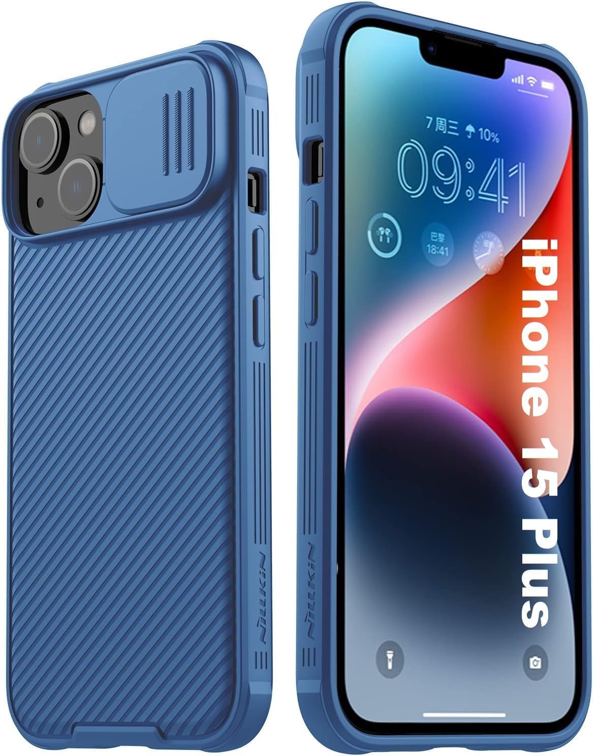 جراب AWH لهاتف iPhone 15 Plus Camshield مع حماية منزلقة لعدسة الكاميرا - غطاء خلفي من البولي كربونات وإطار ممتص للصدمات من مادة TPU مضاد لبصمات الأصابع، جراب ناعم الملمس وحساس (أزرق)