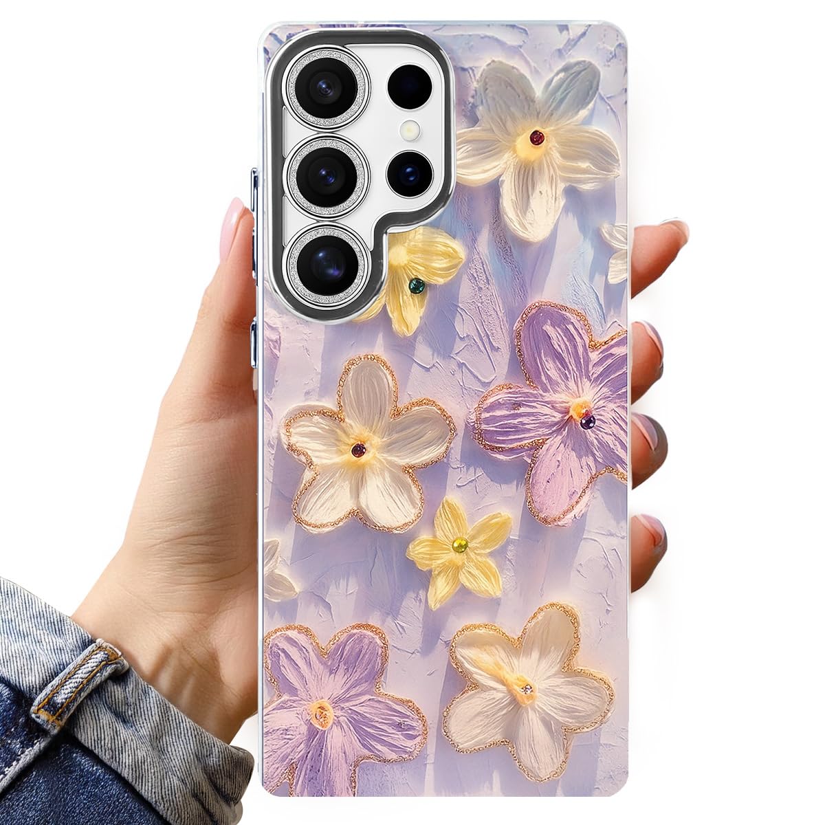 جراب هاتف T Tersely Oil Painting Flowers - غطاء أكريليك بحواف لامعة مع حماية من الصدمات، تصميم فني أنيق للنساء (أرجواني، Samsung Galaxy S25 Ultra)