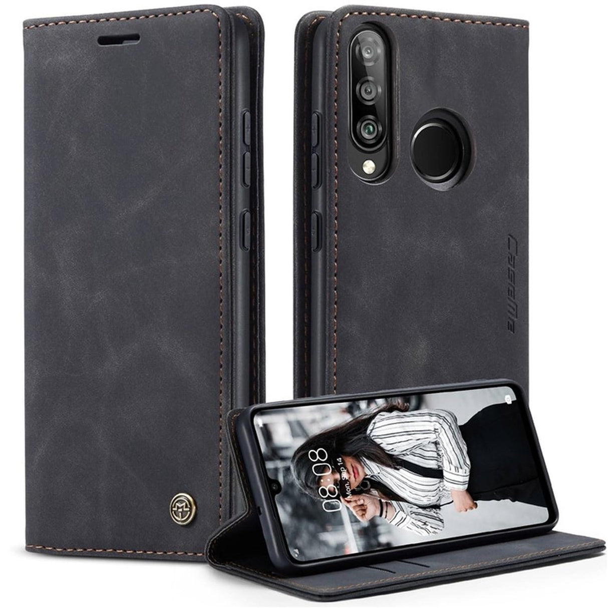 جراب محفظة جلدي من UniqCase، ممتص تلقائيًا، لهاتف Huawei P30 Lite New Edition/P30 Lite/nova 4e - أسود