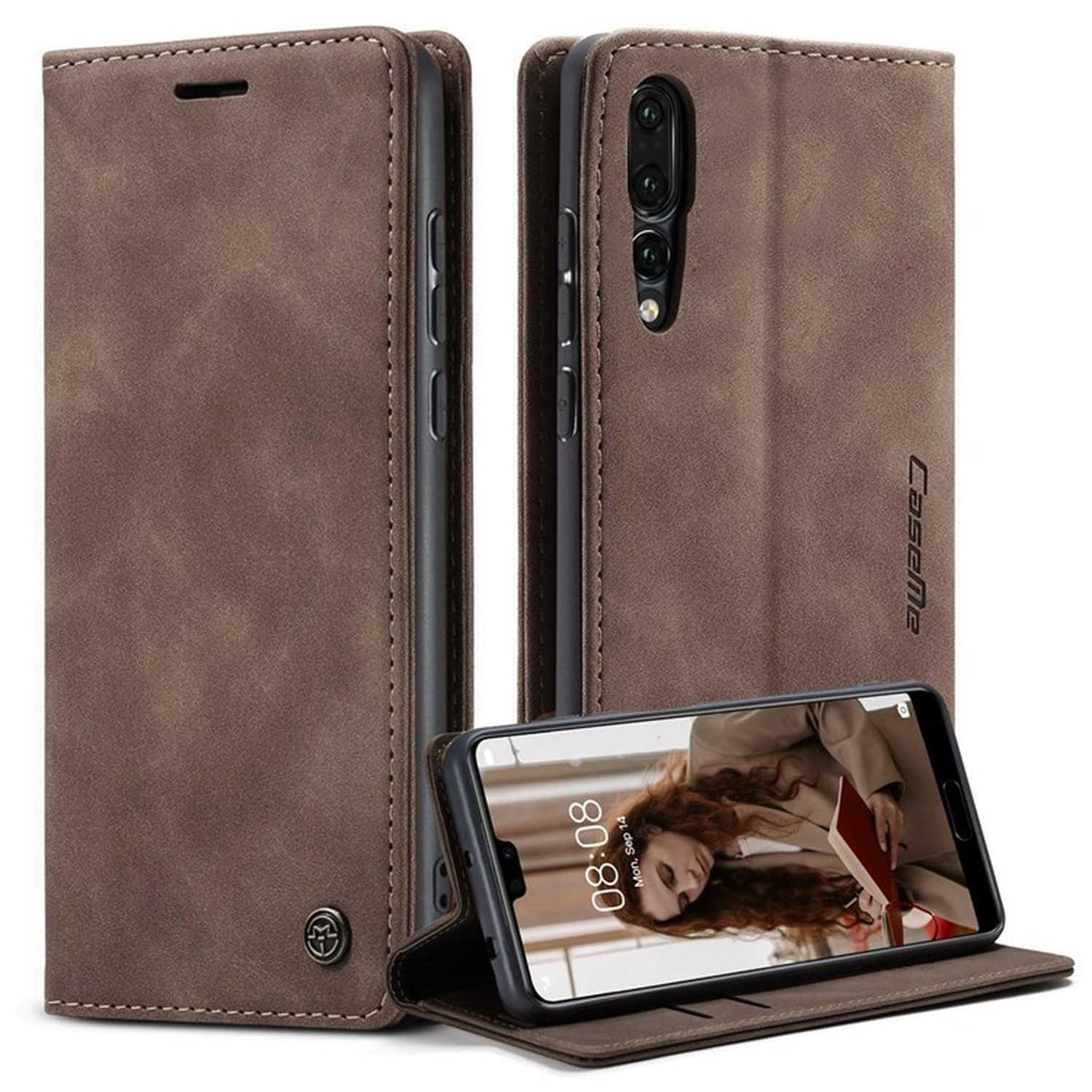 UniqCase لهاتف Huawei P20 Pro غطاء هاتف مضاد للخدش مغناطيسي يمتص تلقائيًا من جلد البولي يوريثان محفظة قابلة للطي حامل للهاتف الذكي - قهوة