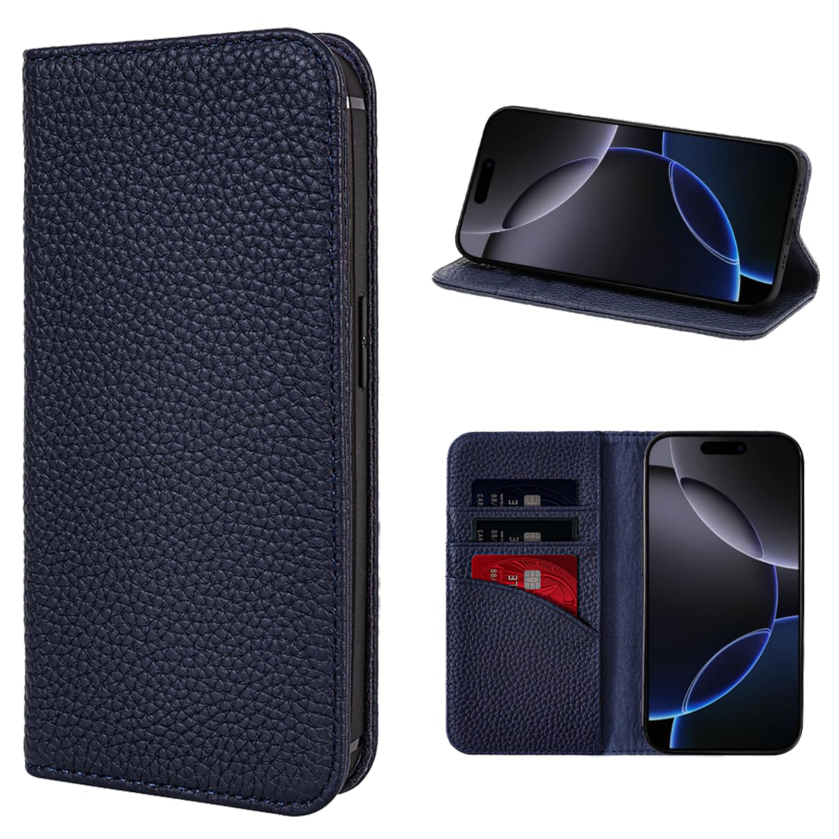 LANJLM iPhone 16 Pro Wallet Case Genuine Leather Antimagnetic Card Holder Flip Cover Shockproof iPhone 16 Pro Cases - Royal blue