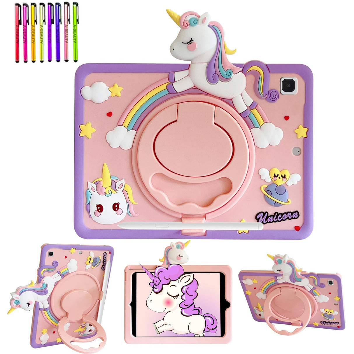 جراب A-BEAUTY متوافق مع جهاز Samsung Galaxy Tab A7 Lite مقاس 8.7 بوصة (SM-T220 /T225 /T227)، جراب للأطفال مع حامل قلم، حامل بمقبض دوار 360 درجة