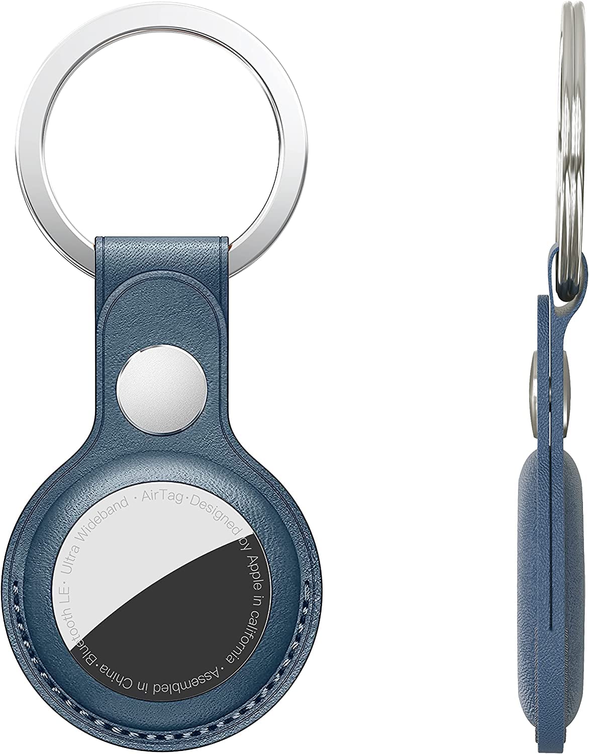حافظة AMERTEER الجلدية لعلامة AirTag، غطاء واقٍ آمن لعلامة Air Tag، عبوة واحدة من حلقات المفاتيح المضادة للخدش متوافقة مع حامل علامة Air Tag وملحقاتها (أزرق)