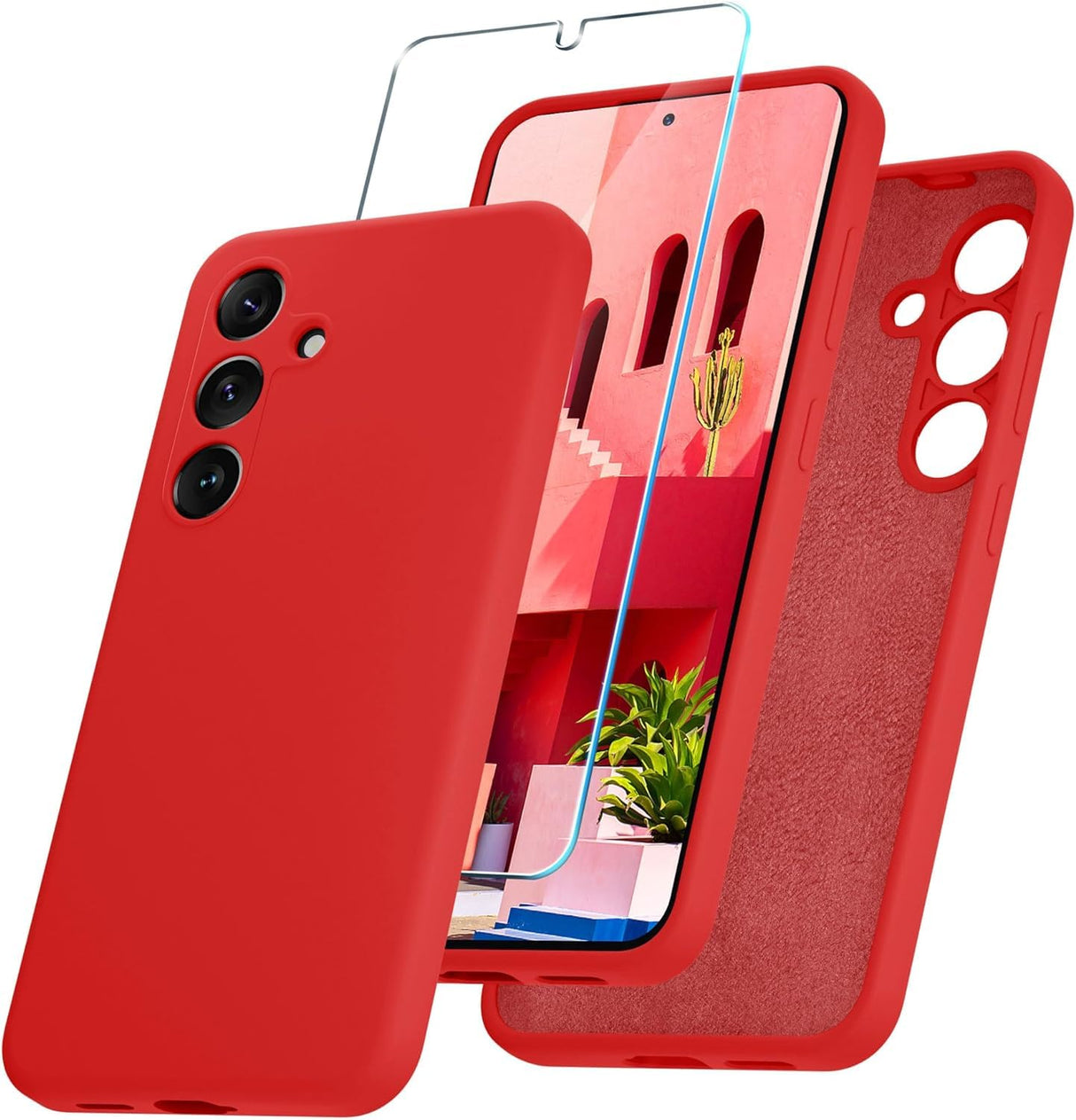 AWH Samsung Galaxy S24 Case - Silicone Phone Case with 1 Screen Protector - Soft Anti-Scratch Microfiber Lining, Full Body Shockproof Slim Cover Support Wireless Charging (Red)