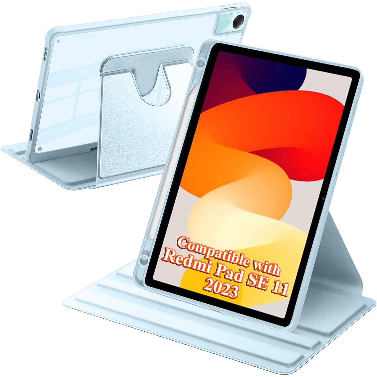 جراب دوار من A-BEAUTY متوافق مع جهاز Xiaomi Redmi Pad SE 11 بوصة 2023 مع حامل قلم، حامل دوار 360 درجة، غطاء مقاوم للصدمات، ظهر شفاف، إيقاظ/سكون تلقائي، أزرق سماوي