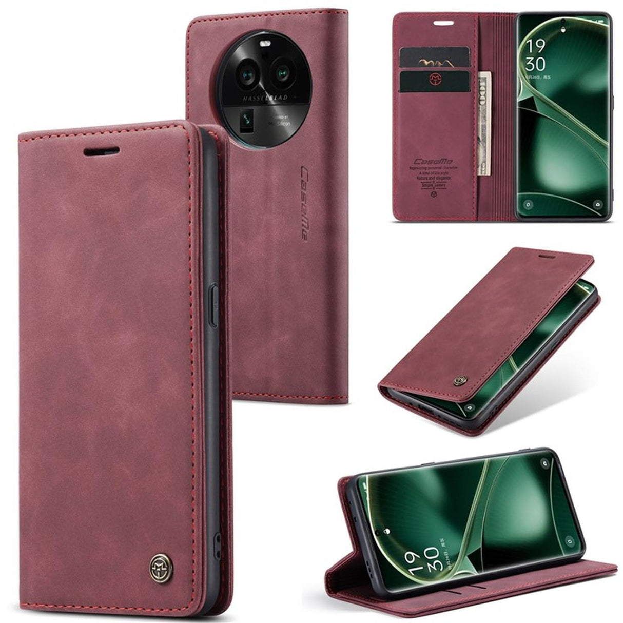 جراب هاتف من الجلد الصناعي من UniqCase لهاتف Oppo Find X6 مع حامل ومحفظة وغطاء واقٍ - أحمر