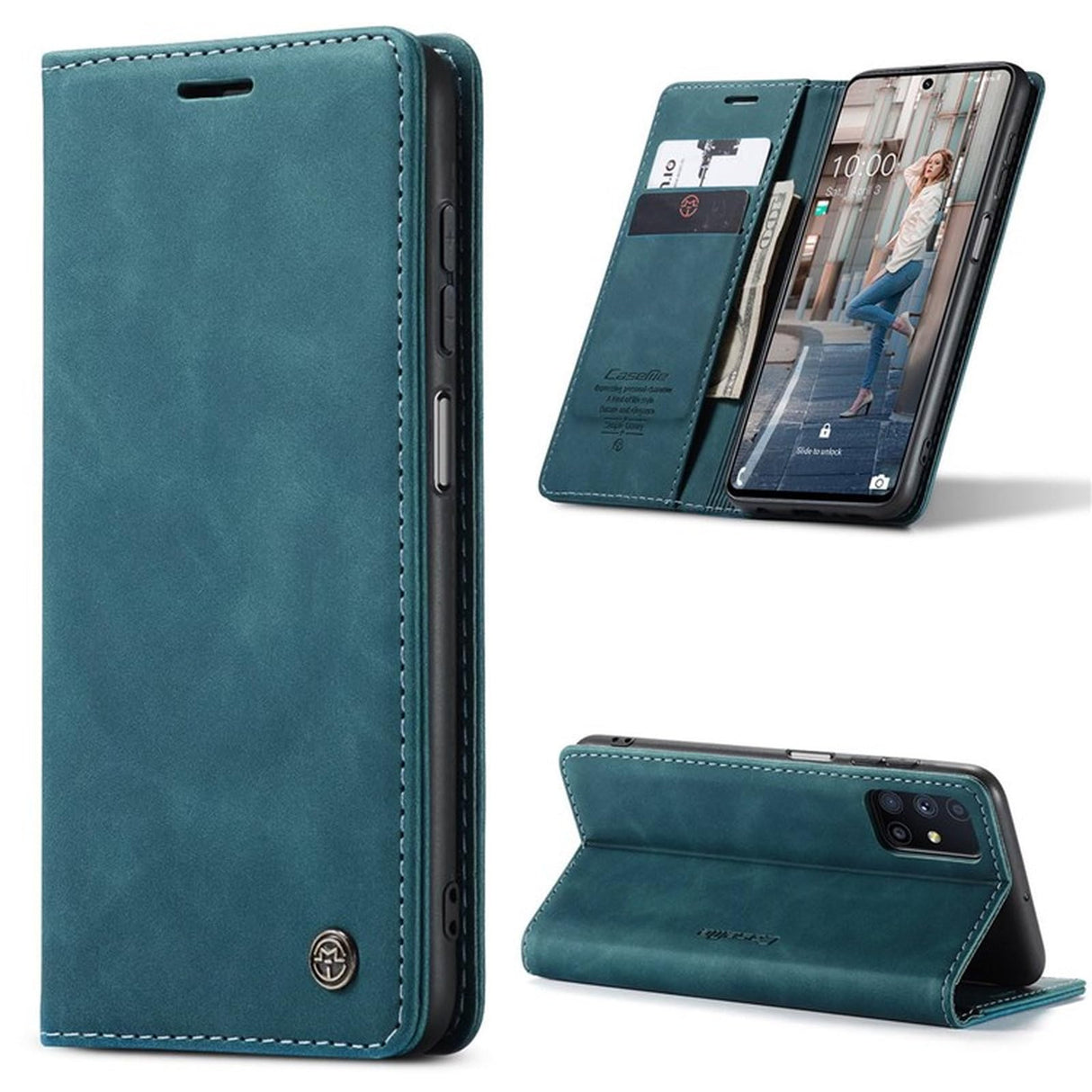 جراب هاتف محمول من UniqCase لهاتف Samsung Galaxy A13 4G، محفظة من جلد البولي يوريثان بتصميم مغناطيسي وفتحات للبطاقات وحامل للهاتف - أزرق وأخضر